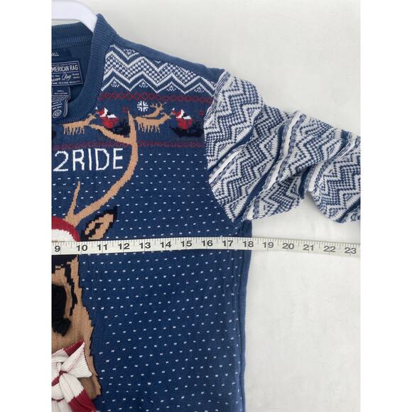 American Rag Mustache Reindeer Ugly Christmas Sweater Born2Ride Blue Small - Picture 7 of 8